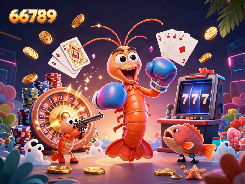Experience the thrill of 66789 with colorful casino-themed characters surrounded by coins, cards, and gems.