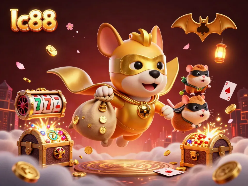 Experience the thrill of lc88 with a superhero dog and a hamster in an exciting casino scene.