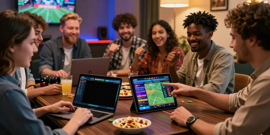 Exciting sports betting scene at https://zbet.cymru/, friends engaging enthusiastically with smartphones and tablets in a cozy setting.
