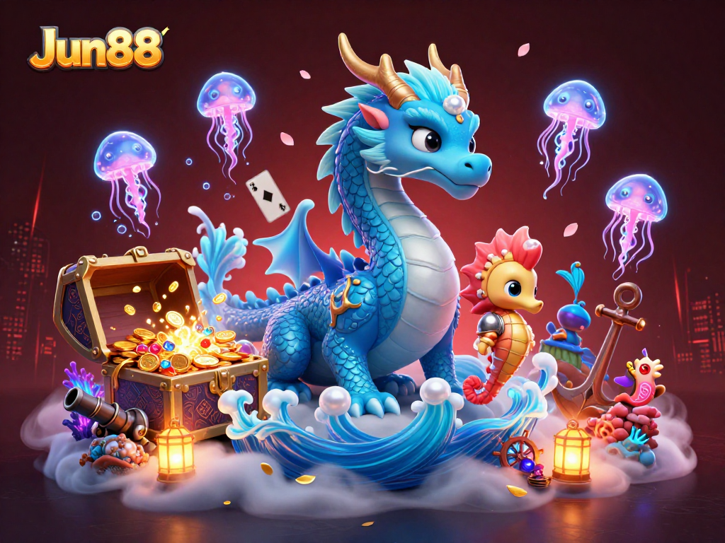 Engage with Jun88's thrilling casino adventure featuring a dragon, a knight, and glowing jellyfish.