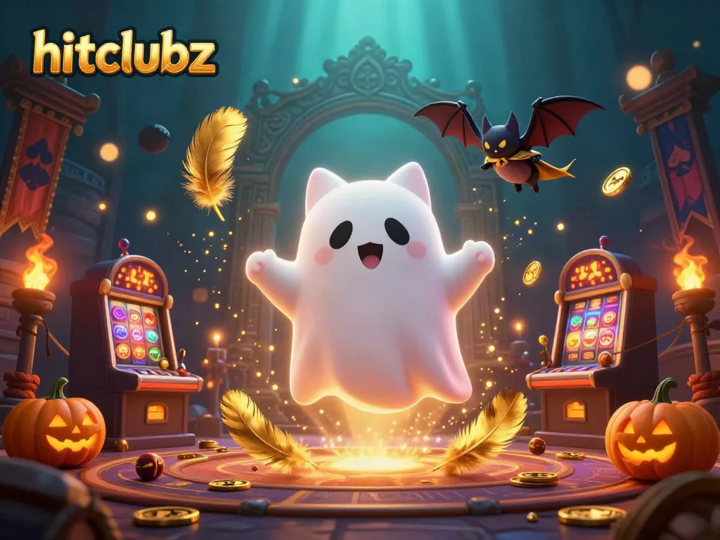 Engage with hitclubz in a vibrant, haunted casino scene showcasing a ghost cat and vampire bat.