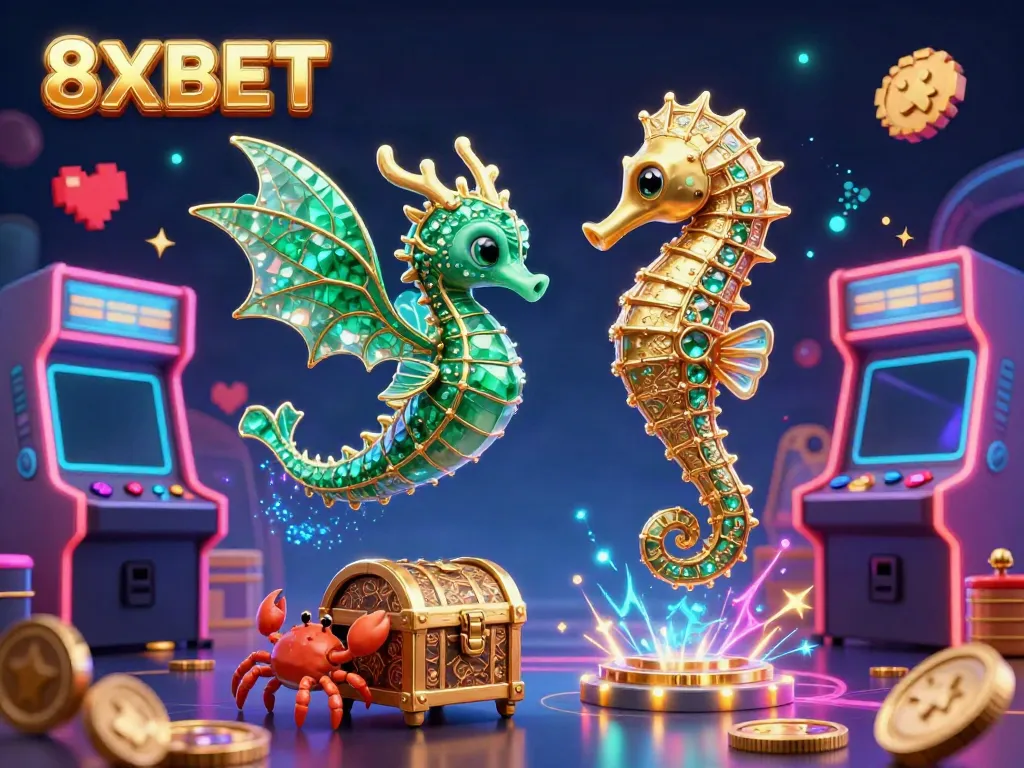 Engage with 8XBET's dynamic gaming scene featuring a sea dragon, arcade machines, and vibrant casino elements.