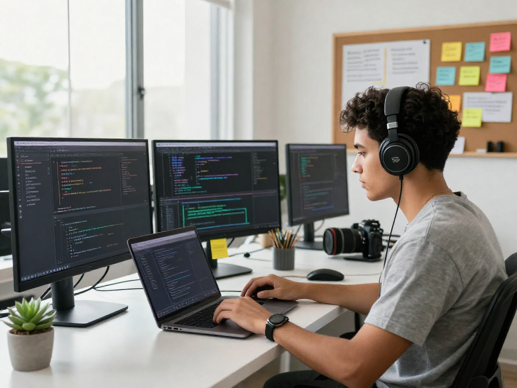 Juicy chat ai software developer immersed in AI project in a modern workspace with dual monitors and vibrant notes.