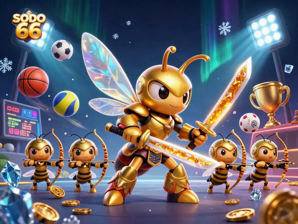 Bet on SODO 66 with a vibrant illustration featuring a golden hornet samurai and sports elements.