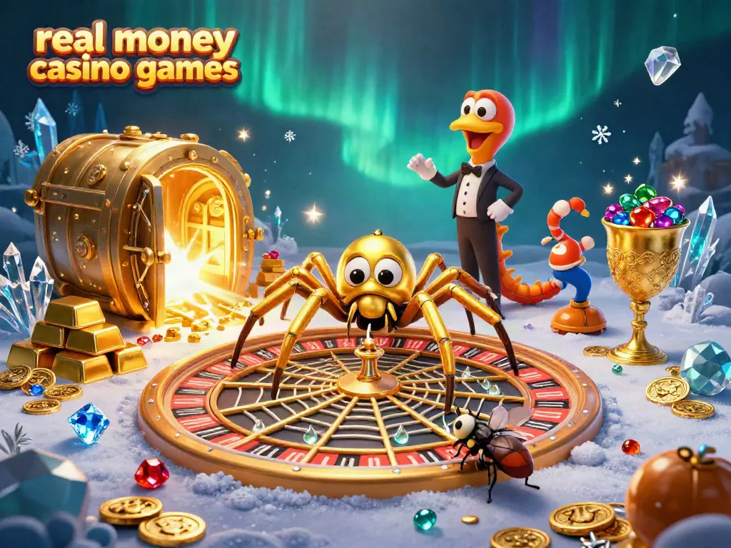Experience thrilling real money casino games with a dynamic 3D illustration featuring a golden spider and casino elements.