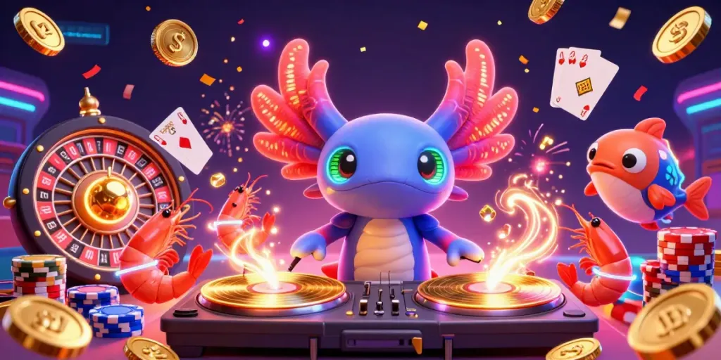Experience the excitement at au88games with a neon axolotl DJ and vibrant casino elements.