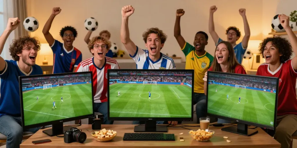 Fans enjoying a thrilling moment on CakhiaTV while watching a live football match at home.
