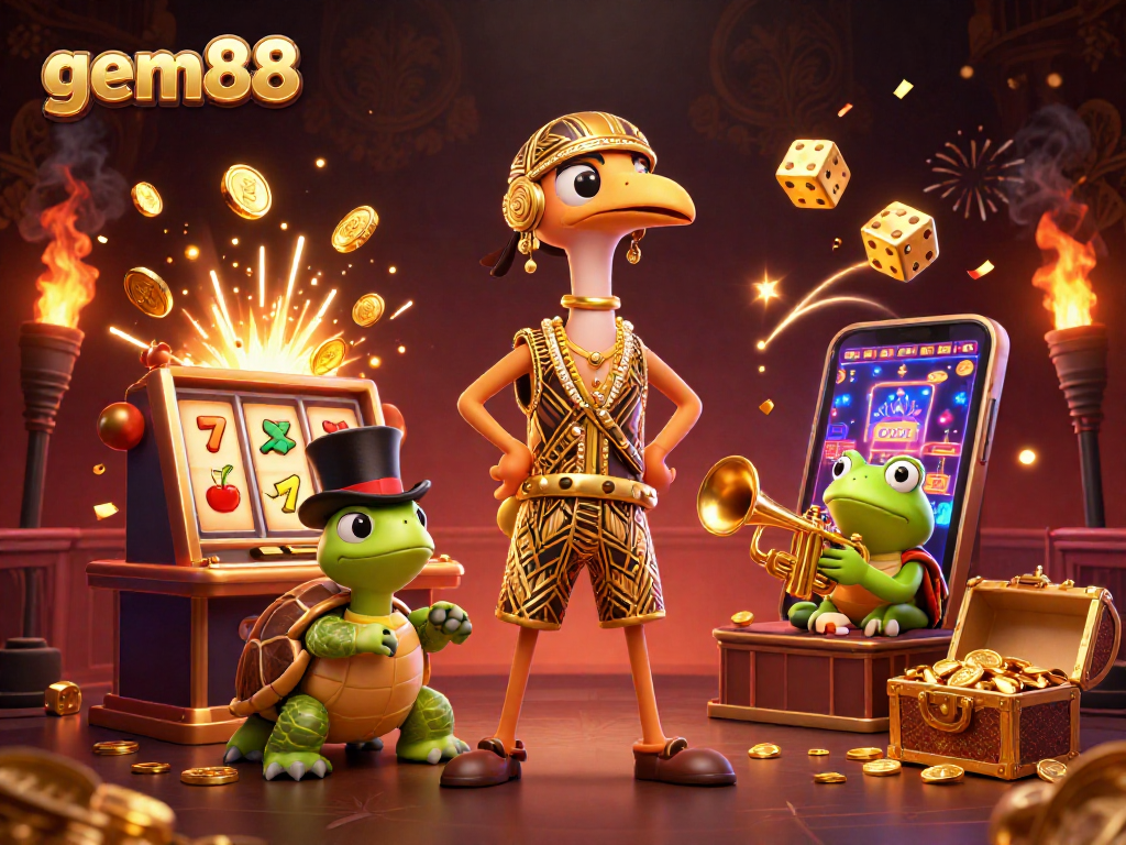 Experience excitement with gem88's immersive casino scene featuring vibrant characters and dynamic gaming elements.