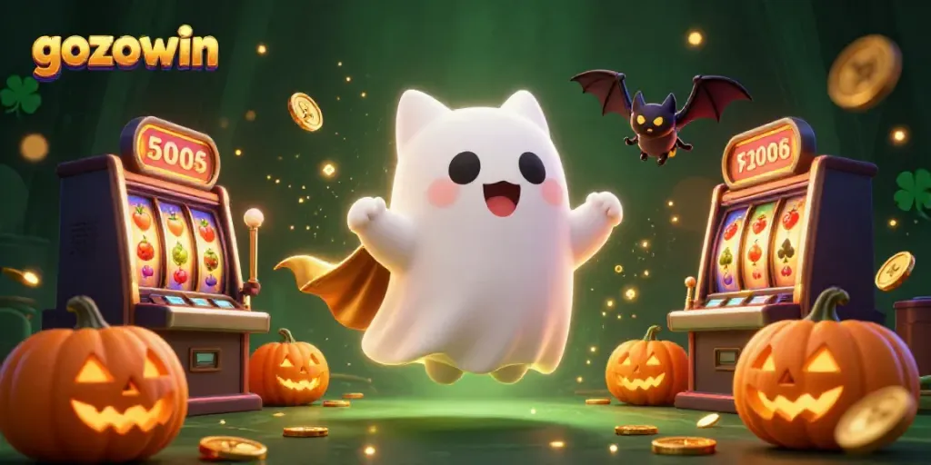 Experience thrilling gaming with gozowin's friendly ghost cat in a vibrant casino scene.