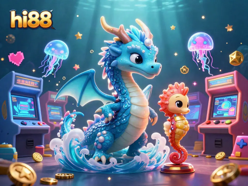 Experience thrilling action with hi88's vibrant 3D casino illustration featuring an azure dragon and seahorse knight.