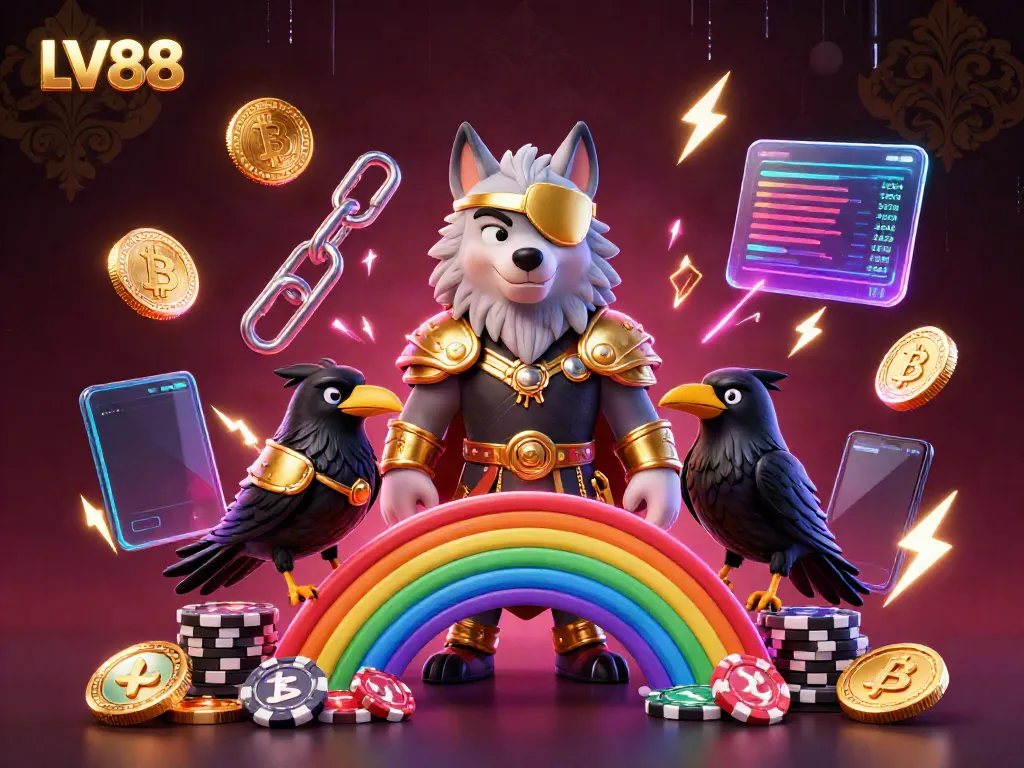 Experience exciting gaming adventures at LV88 with a vibrant scene featuring mythical characters and crypto elements.