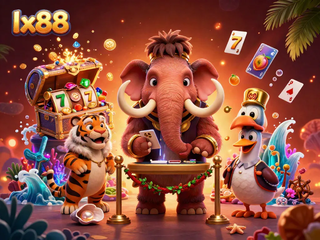 Engage in vibrant casino action with lx88 through a captivating 3D illustration of characters celebrating gaming.