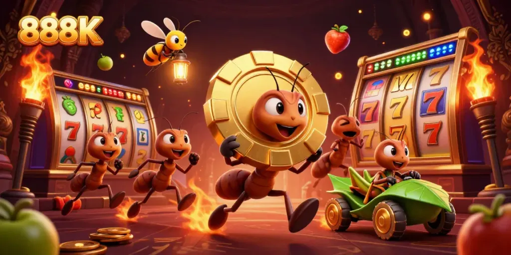 Engage in the thrilling heist at 888 K as cartoon ants carry a giant poker chip, showcasing exciting slot game elements.