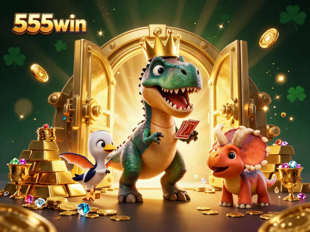 Experience the thrilling world of 555win with a lively cartoon scene featuring dynamic characters in a vibrant casino setting.