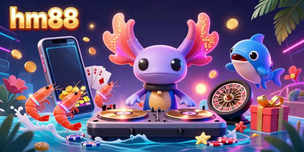 Experience the vibrant underwater party with the hm88 axolotl DJ spinning exciting casino games.