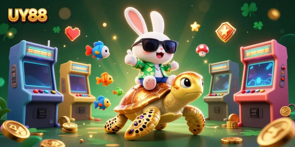 Experience the thrill of UY88 with a lucky rabbit and golden turtle in a vibrant casino scene.