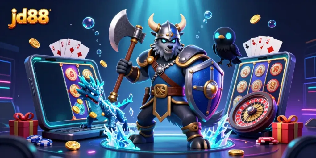 Spin slots and win big with jd88 in a vibrant and dynamic 3D casino scene.