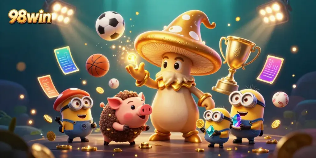 Experience thrilling moments with 98win's captivating casino scene featuring golden magic and dynamic sports elements.