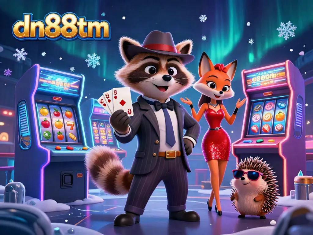 Experience a vibrant casino scene with dn88tm featuring a suave raccoon, a stylish fox, and engaging game elements.