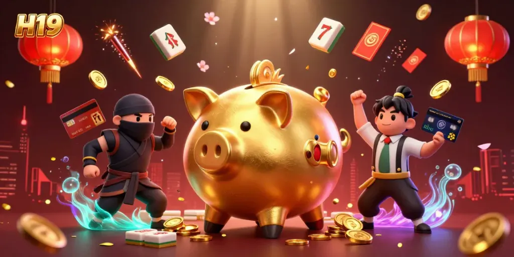 Experience H19's thrilling online casino vibe with golden coins, lively characters, and dynamic gaming elements.