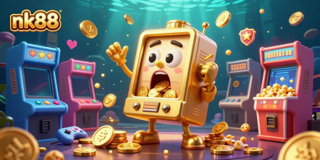 nk88 slot machine celebrates a jackpot with cheering mini machines and coins flying in an engaging casino scene.