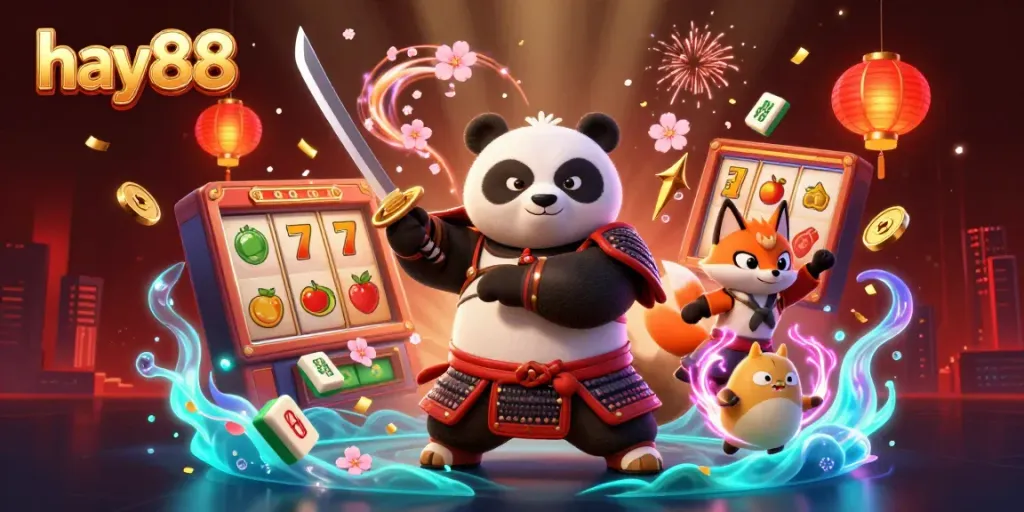 Experience the thrilling world of hay88 with a vibrant 3D samurai panda and casino elements.