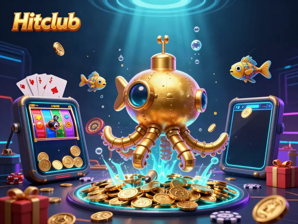 Engage with Hitclub’s thrilling gaming experience featuring a kraken submarine amidst golden coins.