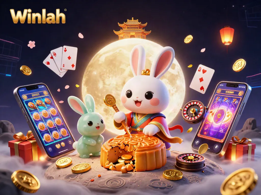 Experience the excitement of Winlah with a vibrant 3D casino scene showcasing playful rabbits and slot games.