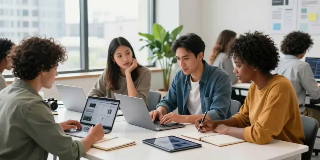 Dynamic collaboration scene among Zinn hub Freelancers in a modern workspace, highlighting teamwork and creativity.