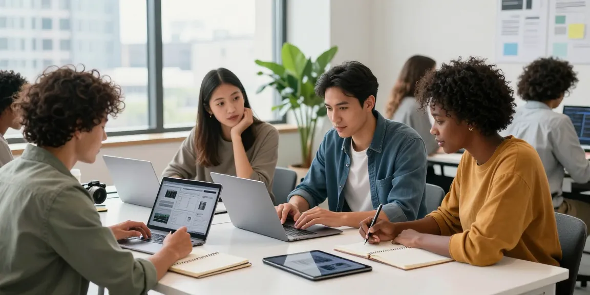 Dynamic collaboration scene among Zinn hub Freelancers in a modern workspace, highlighting teamwork and creativity.