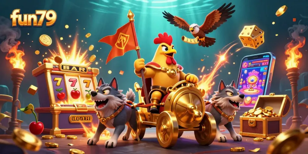 Experience fun79 as the rooster warlord triumphantly leads the jackpot with golden coins flying around.