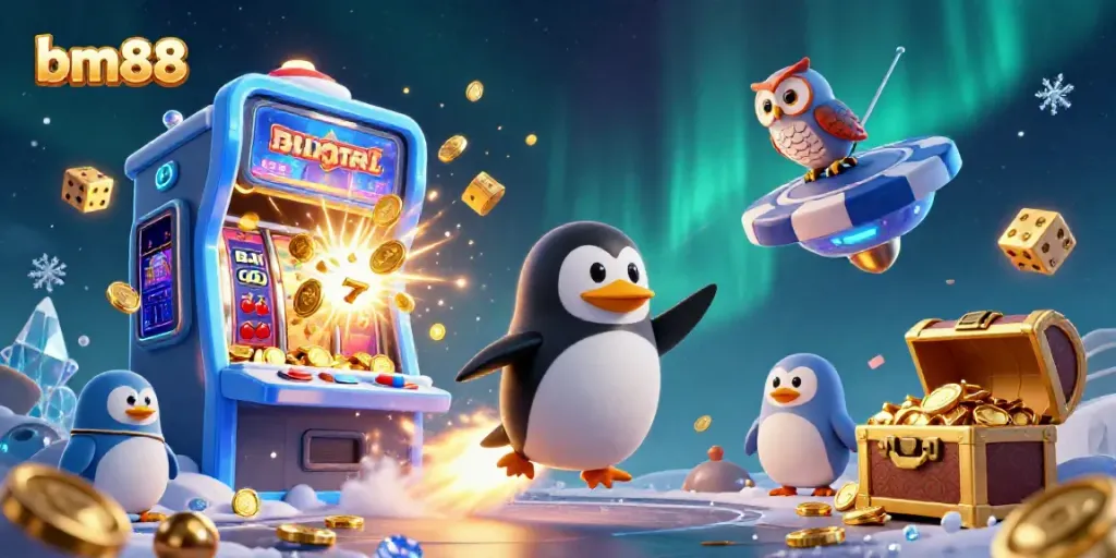Experience fun at bm88 with a golden penguin, casino symbols, and vibrant jackpots!