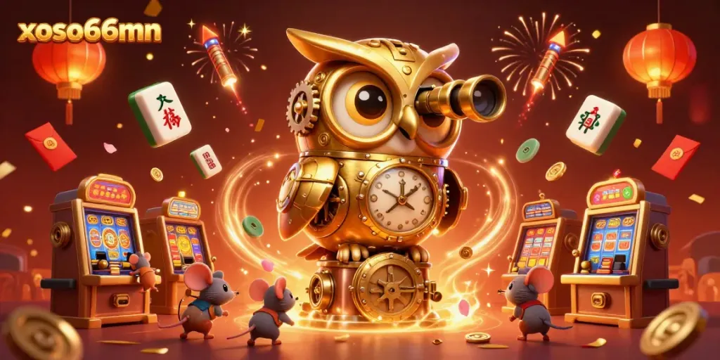 Experience xoso66mn's vibrant casino atmosphere with a golden owl and festive elements.