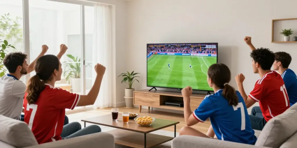 Friends enjoying a live football match together in a cozy living room, showcasing the excitement of cakhiatv.