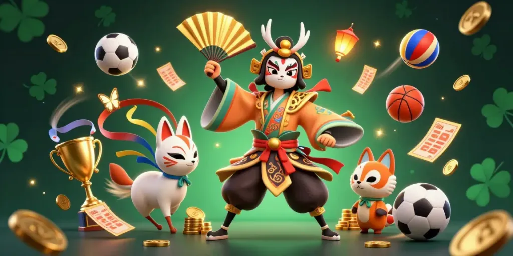 KUWIN's vibrant casino scene with a kabuki warrior and kitsune mask, featuring sports elements