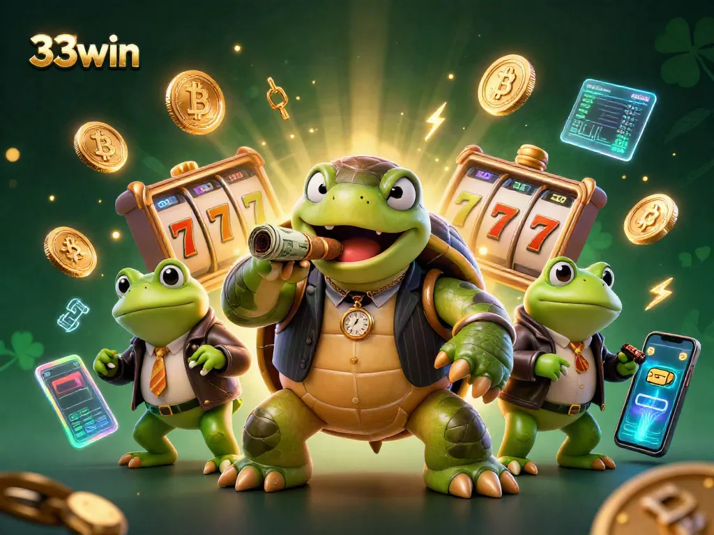 Win big at 33win with the lively cartoon turtle and bullfrogs in a casino-themed illustration.
