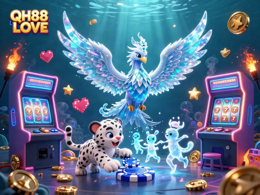 Engage with QH88 LOVE's exciting casino atmosphere featuring a mythical ice phoenix and vibrant game elements.