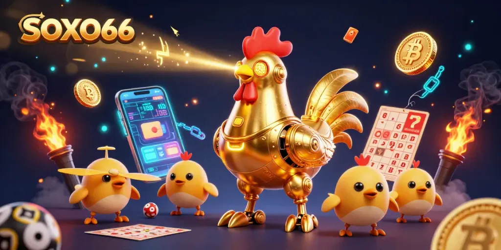 Soxo66 engages players with vibrant lottery-themed art featuring golden rooster robots and gambling elements.
