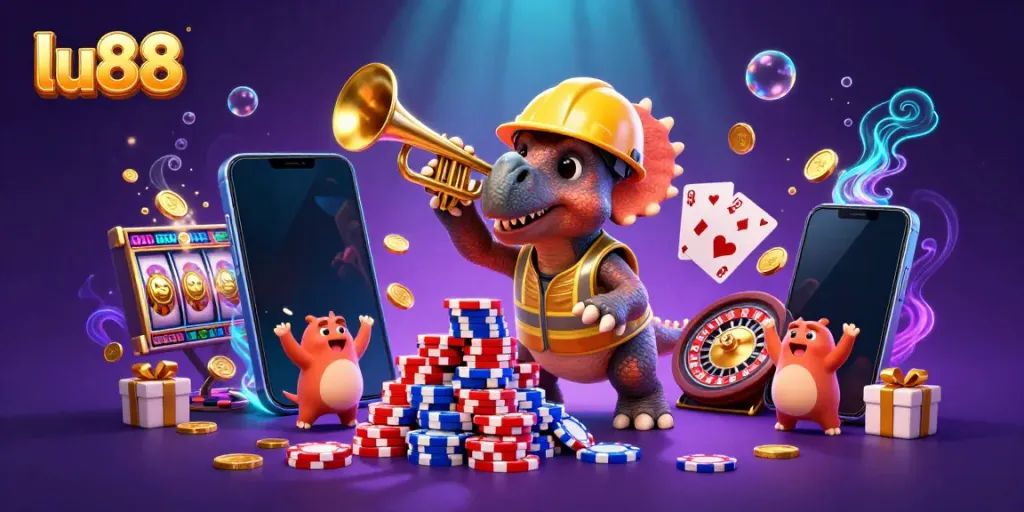 Experience the thrill of lu88 with cartoon dinosaurs celebrating atop poker chips amidst colorful gaming elements.