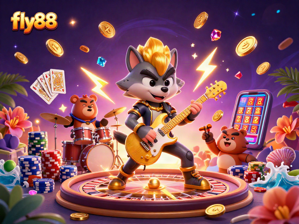 Experience excitement with fly88's vibrant casino showdown featuring rock star wolf and exuberant drummer bear.