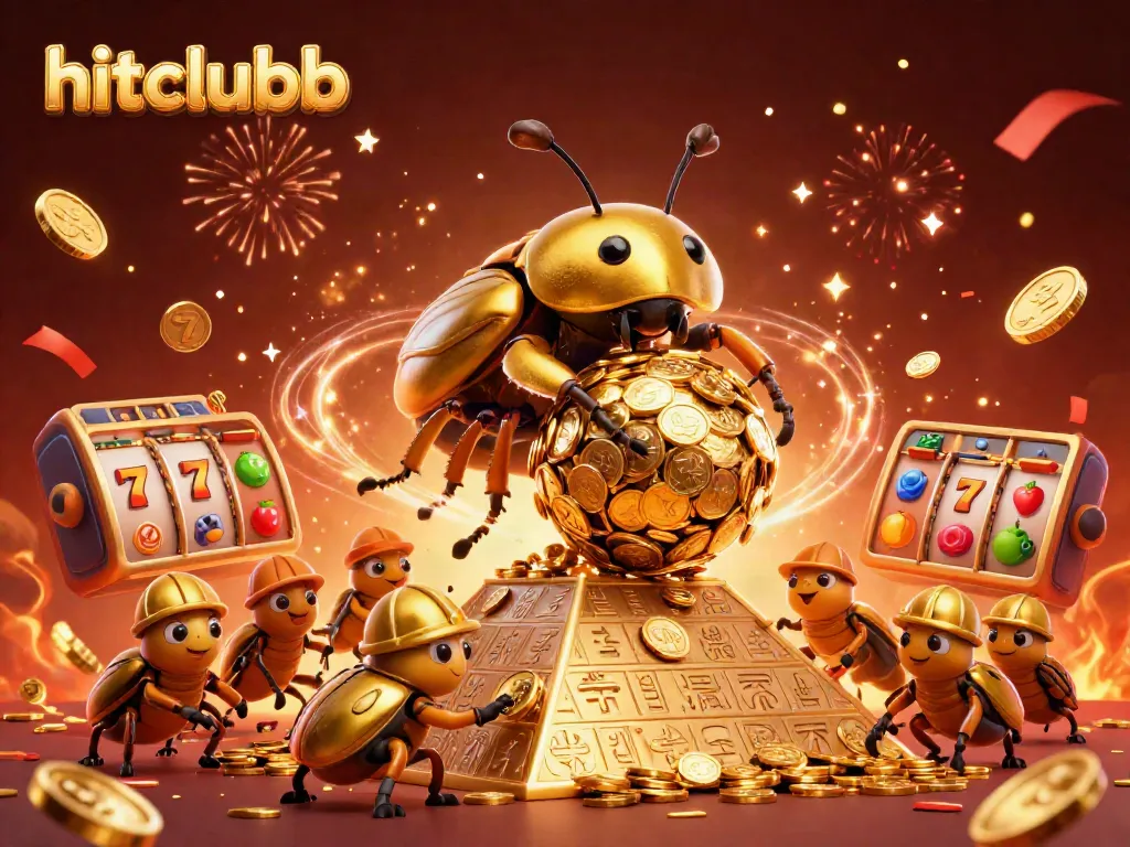 Hitclubb features a golden dung beetle and slot elements in vibrant casino celebration.