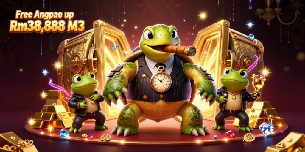 Experience the thrill of Free Angpao up Rm38,888 M3 with 3D cartoon characters in a vibrant casino scene.