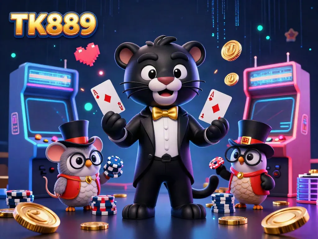 TK889 cartoon casino scene featuring a panther dealer, owl with poker chips, and a lucky mouse.