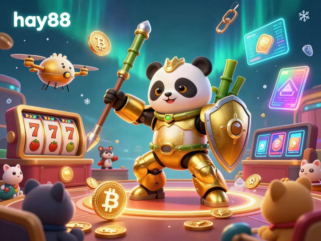 Experience high-stakes excitement with hay88 in a vivid casino scene featuring a mech-suit panda and blockchain elements.
