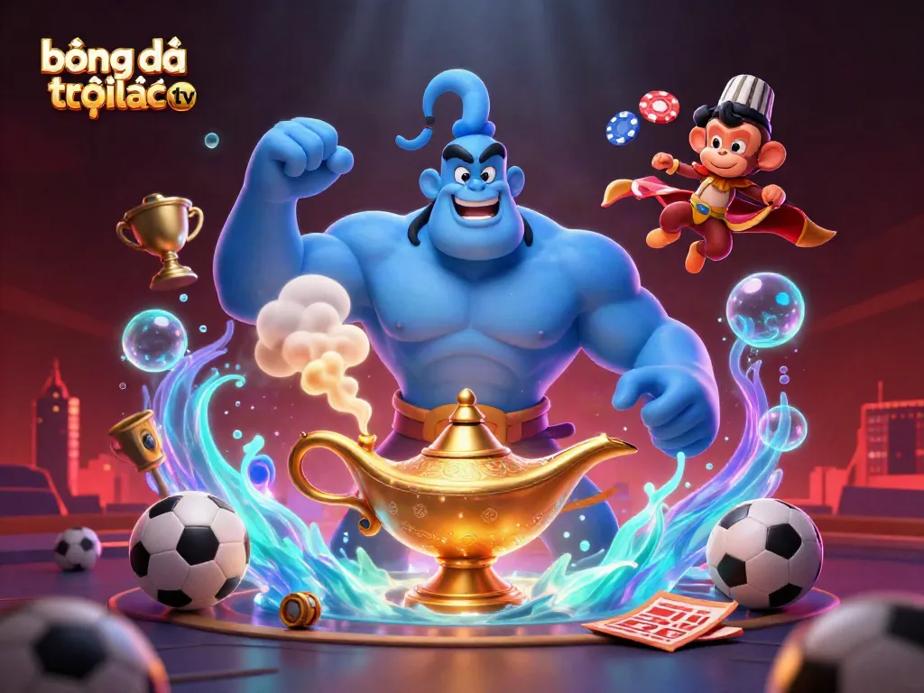 Experience bóng đá trực tuyến xoilac tv with a dramatic 3D scene of a genie, monkey, and sports elements