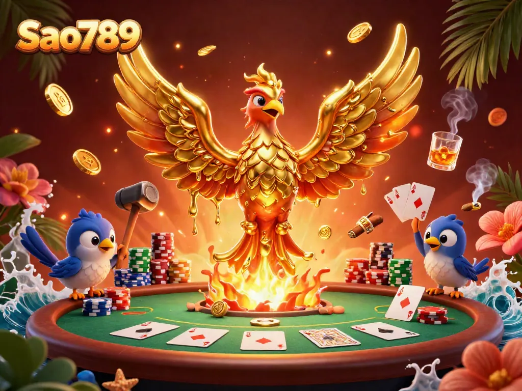 Sao789 players engage with a dynamic casino scene featuring a golden phoenix and poker elements.