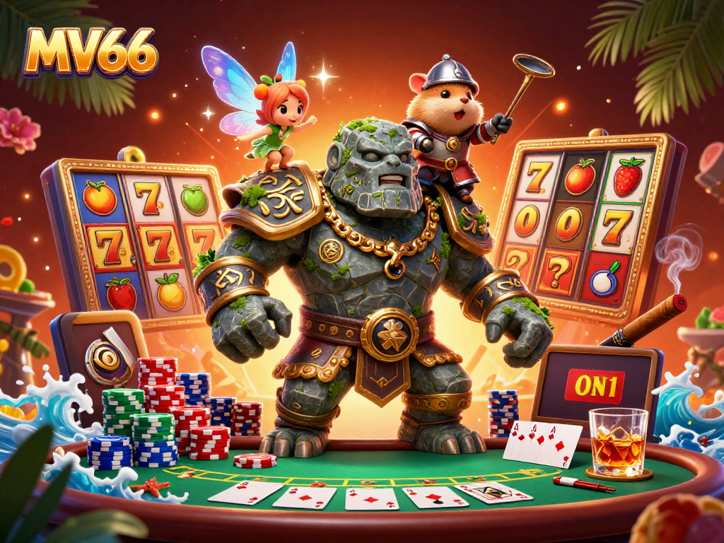 Experience thrilling gaming action at MV66 with colorful jackpot and poker elements in an enchanting scene.