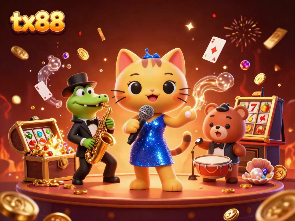 Join the excitement at tx88 with vibrant casino characters celebrating wins and fun.