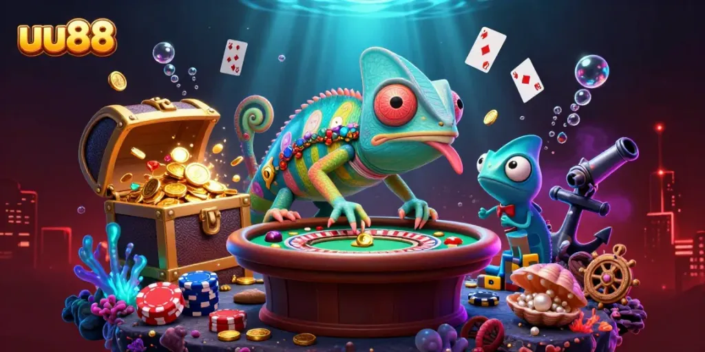 Experience thrilling games at uu88 with a colorful chameleon casino owner amidst gold coins and cards.