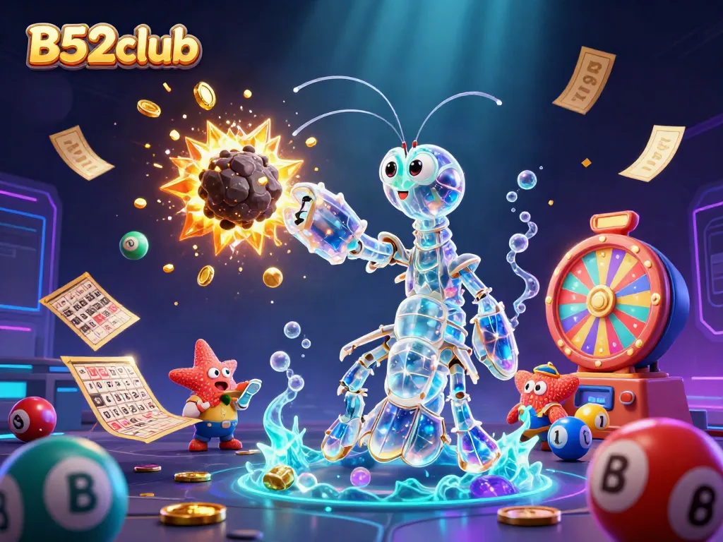 Engage with B52club's thrilling gaming experience featuring vibrant illustrations of slot jackpots and lottery fun.